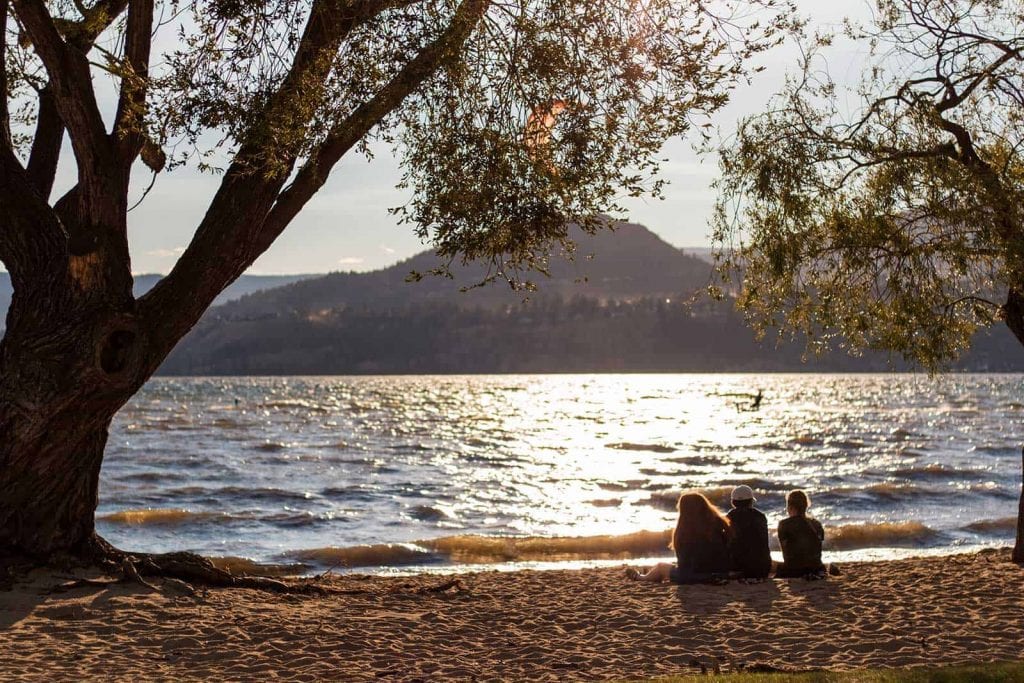 kelowna sunset beach shot of three family members sitting together besides a massive tree